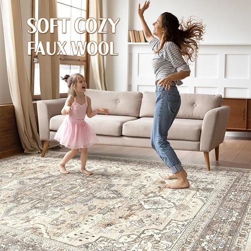 8x10 Area Rugs Living Room: Washable Boho Large Neutral Vintage Soft Rug Stain Resistant Farmhouse Non Slip Indoor Floor Carpet for Bedroom Nursery Kids Playroom Office Dining Room Home Decor- Brown thumbnail 3