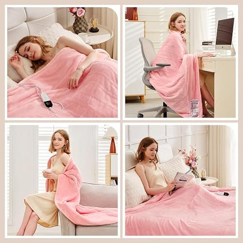 PTQ Heated Throw Blanket 50"×60" - Premium Cosy Soft Electric Blanket with 6 Heating Levels,Fast Heating Flannel Sherpa Blanket for Bed & Couch - Auto Shut Off/Machine Washable Blanket (Pink) thumbnail 7