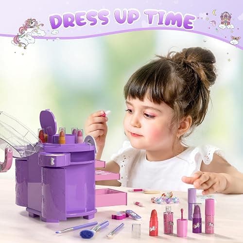 PERRYHOME Kids Makeup Set for Girls, 63 Pcs Washable Non-Toxic Real Cosmetic Toddler Makeup Kit, Unicorn Princess Play Makeup Toys Birthday Gifts, Dress up Time Girl Toys for 3 4 5 6 7 8 9 10 11 12 thumbnail 7