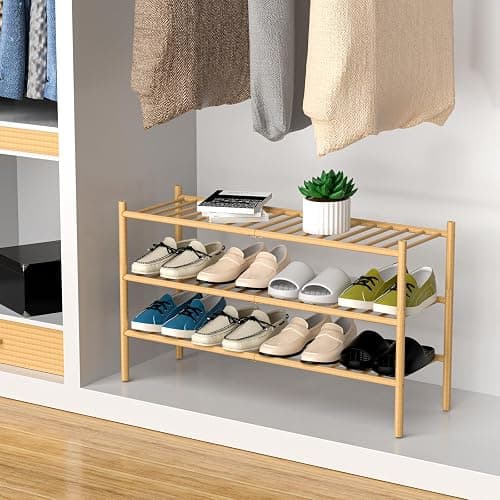ROMGUAR CRAFT 3-Tier Bamboo Long Shoe Rack, Free Standing Wood Shoe Shelf Storage Organizer for Closet Entryway Stackable 35"x11"x20" (Natural) thumbnail 4