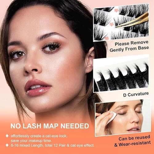 SOFENIDA Lash Clusters 80D Cluster Eyelash Extensions 8-16mm Cat Eye Wispy Eyelash Clusters 12 Pairs D Curvature Eyelash Clusters Left & Right Diy Lash Extension at Home thumbnail 4