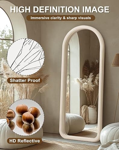 Delma Arched Full Length Mirror, Free Standing Floor Flannel Frame Mirror for Leaning or Hanging, Soft Touch Bedroom & Living Room Decor, Cream White thumbnail 5