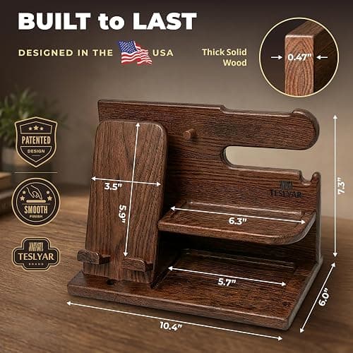 TESLYAR Wood Phone Docking Station for Men - Desk or Nightstand Organizer - Birthday Gifts for Husband, Dad - Anniversary Idea from Wife - Key Holder, Stand Wallet, Watch & Essentials (Bourbon Brown) thumbnail 5