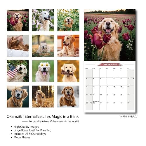 2026 Wall Calendar Golden Retriever Planner Calendar, Hangable Monthly Wall Calendar with Large Blocks for Organizing & Planning, Academic Schedule, Home, Office & family, Thick & Sturdy Paper (12"x24" Open) thumbnail 3