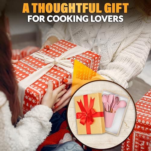 Kitchen Utensils Set with Holder for Nonstick Cookware - 12 Pcs Pink Silicone Cooking Utensils Set, Kitchen Tools for Daily Cooking - Wooden Handle Cooking Tools for Baking Serving and Mixing Tasks thumbnail 9