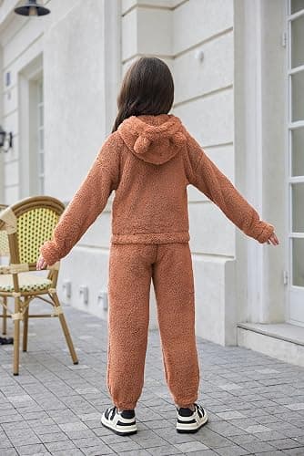 Arshiner Girls 2 Piece Outfits Sweatsuit Fuzzy Long Sleeve Bear Ear Hoodie Sweatshirt and Sweatpant Kids Clothing Sets thumbnail 4