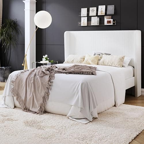 SHA CERLIN Full Size Corduroy Upholstered Platform Bed Frame with Vertical Channel Tufted Wingback Headboard, 8" Under Bed Storage, Wooden Slats & Metal Frame Support, Easy Assembly, White thumbnail 3