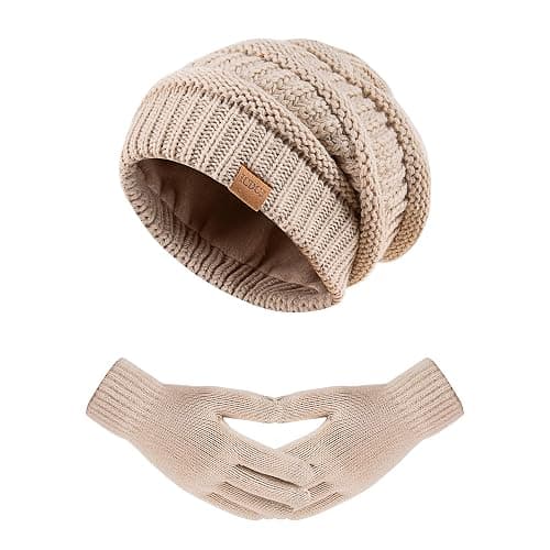 Women's Beanie Hat Gloves Set, Fleece Lined Winter Hat with Touchscreen Gloves for Cold Weather - Image 1