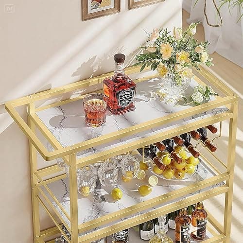 Leteuke Bar Cart for Home, 3 Tier Gold Serving Rolling Carts with Wheels, Drink Cart, Liquor Stand with Marbled Wooden Shelves, Wine Rack and Glass Holder for Kitchen, Dining Room thumbnail 5