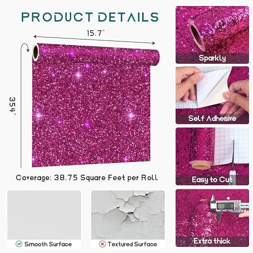 VEELIKE Sparkle Hot Pink Chunky Glitter Peel and Stick Wallpaper Pink Glitter Contact Paper for Cabinets Walls Drawers 15.7''x354'' Self Adhesive Removable Pink Glitter Wallpaper for Girls Bedroom thumbnail 3