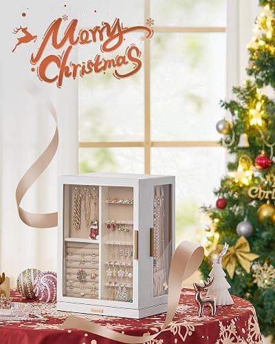 Glimmloop 360° Rotating Jewelry Box with 7 Drawers, Spacious Vertical Jewelry Organizer with Glass Window, Jewelry Storage Case, Dustproof & Moisture-resistant Design, White thumbnail 2