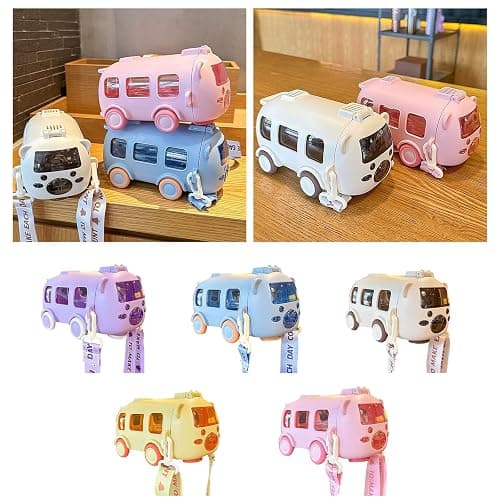 Portable Water Cup in Bus Shape, Water Cup in Bus Shape with Strap 16.9 Oz, 360° Leak-Proof Portable Water Bottle, Cute Cartoon Flip Top Straw Water Bottle for Kids, Sports Travel (White) thumbnail 7