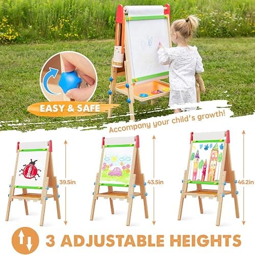 Tiny Land Easel for Kids with 2 Drawing Paper Roll, Adjustable Kids Art Easel, Learning-Toy for 3,4,5,6,7,8 Years Old Boy & Girls, Wooden Chalkboard & Magnetic Whiteboard & Painting Paper Stand thumbnail 2