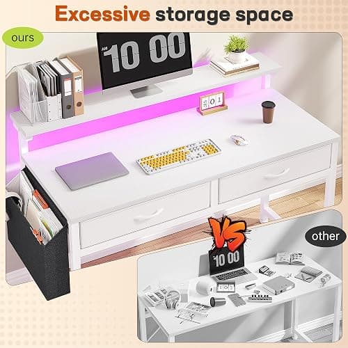 DurayLoly Computer Desk with 2 Drawers & LED Lights,39.4 Inch Home Office Desks with Side Pocket and Monitor Stand,Study Writing Table for Small Spaces,White thumbnail 7