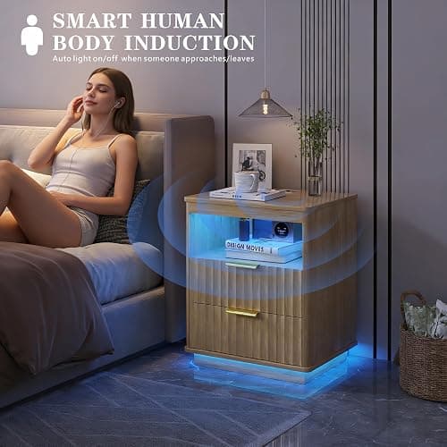 Dystler Nightstand with LED Light and Charging Station for Bedroom, Wood | 2 Drawers, Open storage space, Smart Bedside Table, Human Sensor, Modern thumbnail 5