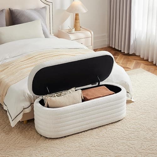 ZOMGE HUZZ 45 Inch Storage Ottoman Bench Upholstered Fabric Bedroom Benches, Modern Comfy End of Bed Stool for Living Room/Hallway/Entryway, Sherpa White thumbnail 2