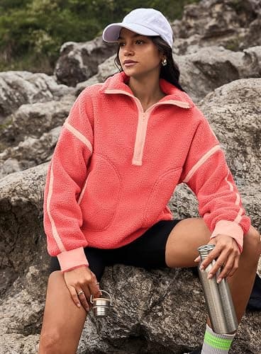 Yanekop Womens Quarter Zip Pullover Sherpa Fleece Jacket Oversized Zip Up Sweatshirt Half Zip Pullover Fuzzy Outerwear thumbnail 4