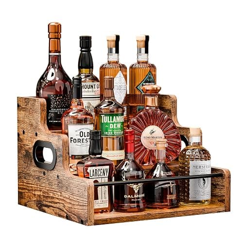 KLM Liquor Bottle Display Shelf, Coffee Syrup Rack Organizer, 3 Step Countertop Liquor Wine Rack, mini bar,liquor cabinet, Home Retro Bar Shelf Stand for Liquor Whiskey, Spirits - Image 1