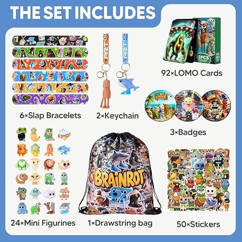 LUOIXEVK 178 Pcs Italian Brainrot Meme Gift Set - 92 Collectible Cards, Mini Figurines & Keychains - Viral Gen Alpha Party Favors, Gag Birthday Gifts, Easter Basket Stuffers thumbnail 3