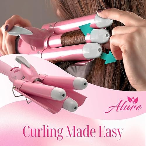 Alure Three Barrel Curling Iron Wand Hair Waver with LCD Temperature Display - 1 Inch Ceramic Tourmaline Triple Barrels, Dual Voltage Crimp (White/Pink) thumbnail 5