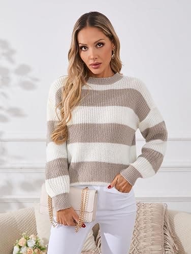 SunnyMelody Womens Cute Color Block Striped Sweater Fall 2025 Pullover Knit Tops - Ribbed Crew Neck, Lightweight, Loose Fit thumbnail 2