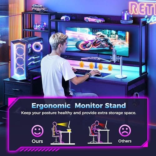 Casaottima 48 Inch Gaming Desk with Hutch & 3 Fabric Drawers, Computer Desk with USB Ports & LED Lights, Reversible Pc Gamer Table with Monitor Stand for Home Office, Carbon Fiber Black thumbnail 6