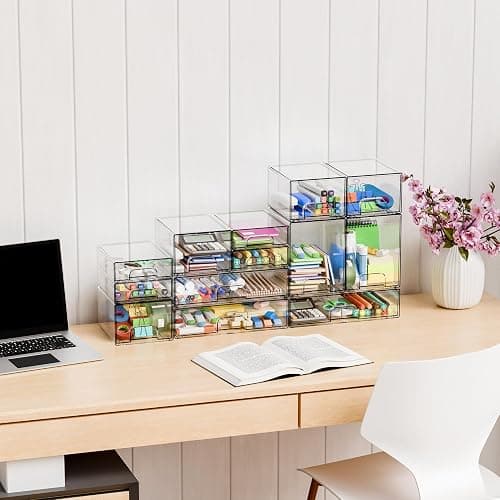 Yieach 4 Pack Small Clear Stackable Storage Drawers,2.2'' Tall Desk Organization and Storage,Plastic Office Supply Organizer,Acrylic Storage Containers for Makeup,Hair Clip,Accessory,Pen,Art Crafts thumbnail 2