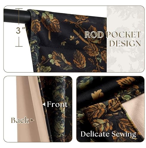 StangH Vintage Floral Tie Up Curtains for Living Room, Black Flower Patterned Light Blocking Velvet Drapes Thermal Insulated Farmhouse Drapes for Bedroom Home Office, W46 x L63, 1 Panel thumbnail 3