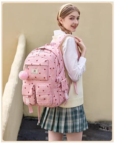 Hidds School Backpack for Teens Girls Women 15.6 Inch Laptop College Backpacks Corduroy Work Bag Kids Elementary Middle High Campus Bookbag Students Anti Theft Travel Daypack Womens - Pink Strawberry thumbnail 3