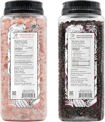 Soeos Pink Salt 39 Oz + Black Peppercorns 18oz, Coarse Grain, 2 Set | Pink Salt for Grinder Refill, Salt and Pepper Grinder, Non-GMO Verified, Spice Set thumbnail 2