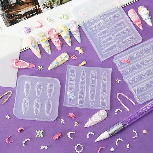 Laza 4pcs Cream Chain Silicone Nail Art Molds Multiple Rabbit Nail Molds | Reusable Nail Molds for Nail Art,Good Elasticity,3D Nail Mold, Embossed Cream Chain Bowknot Rabbit Molds with Scraper & Pen thumbnail 2