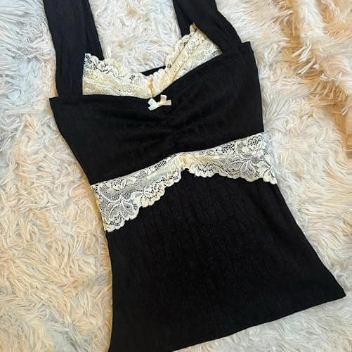Sunloudy Women Coquette Grunge Tank Tops Vintage Aesthetic Lace Trim Camisole Ribbed Knit Slim Fit Fairy Shirt Clothes thumbnail 4