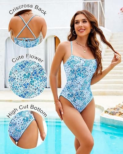 Jolefille Womens One Piece Swimsuit Tummy Control Modest Bathing Suit Teen Girls Swim Suit Cute Floral Swimwear - Deep Blue Floral Swimsuit - Large thumbnail 4