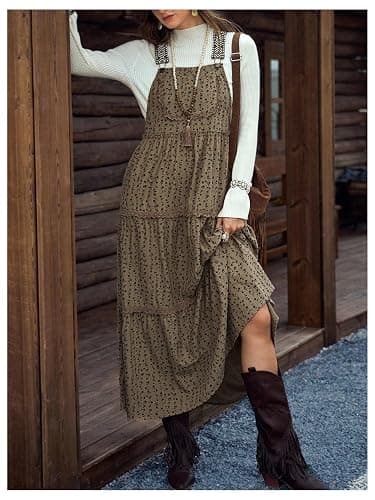 SOLY HUX Women's Floral Corduroy Overall Dress Retro Sleeveless Tiered Layer Flowy Long Pinafore Dresses thumbnail 4