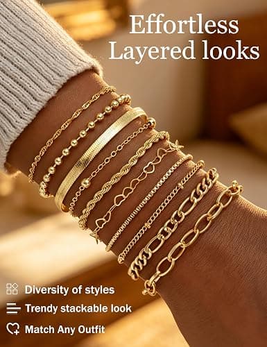 10 Pcs Gold Bracelets for Women, 14K Gold Plated Stackable Cuban Link Paperclip Chain Bracelet Set, Dainty Gold Bracelets Stack Jewelry thumbnail 8