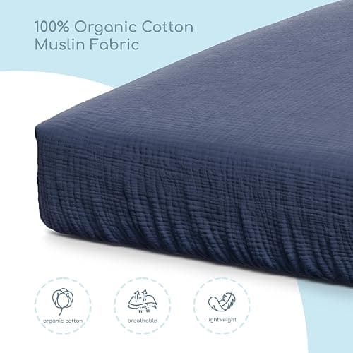 ROMY RO Muslin Crib Sheets, 100% Organic Cotton, Breathable and Ultra-Soft, Standard Crib Sheet Mattress (28"x 52") for Girls and Boys, Neutral Fitted Baby Crib Sheet (Navy) thumbnail 5