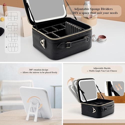 SJD Travel Makeup Bag with LED Mirror, Portable Cosmetic Case Organizer with Lighted Mirror, Waterproof Makeup Case for Cosmetic Brush Holder Storage, Black Toiletry Bag for Women Gift thumbnail 4