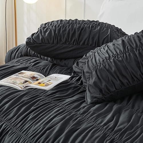 Bonlino Queen Comforter Set - Black Boho Shabby Chic Bedding for Bedroom - Fluffy 3 Piece Ruffle Comforter Set with Pillow thumbnail 5