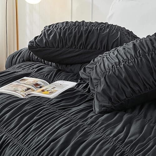 Bonlino Queen Comforter Set - Black Boho Shabby Chic Bedding for Bedroom - Fluffy 3 Piece Ruffle Comforter Set with Pillow thumbnail 6