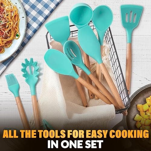12 Pcs Cooking Kitchen Accessories Set with Holder, Silicone Heads (Teal) | Teal Kitchen Utensils Set for Cooking and Baking; Wooden Handles; Heat-Resistant up to 446°F; Non-Scratch for Nonstick Pans thumbnail 5