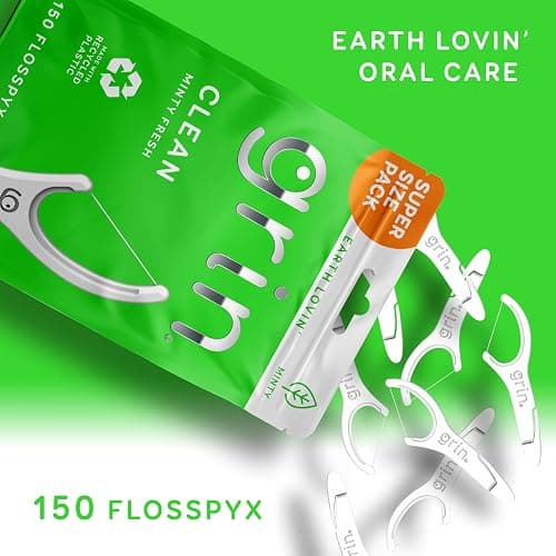 GRIN Clean Flosspyx, Floss Picks, 150 Count, Dental Flossers, Minty Flavor, Recycled Plastic, Super Strong Fine Floss, Tight Teeth, Premium Longer Floss Head, Includes Safe Fold-Back Tooth Pick thumbnail 3
