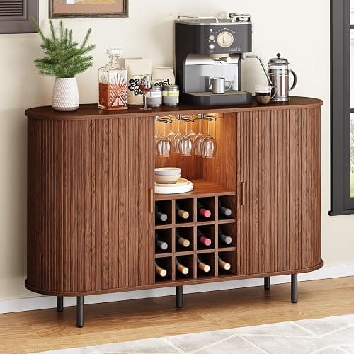 ONBRILL 55" Wine Bar Cabinet with LED Light,Modern Liquor Whiskey Coffee Station with Wine Rack and Glass Holder, Farmhouse Buffet Sideboard with Storage for Living Room, Kitchen, Entryway (Walnut) - Image 1