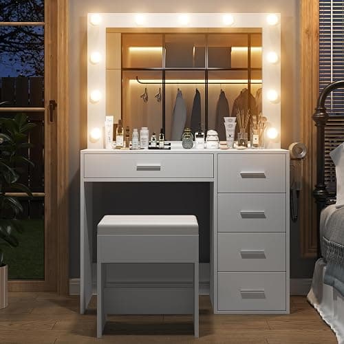 FUSOU 37" Vanity Desk with Mirror & LED Lights, Makeup Vanity with Power Outlet & USB, 3 Lighting Modes, Dressing Table with 5 Drawers & Stool for Bedroom, White thumbnail 4