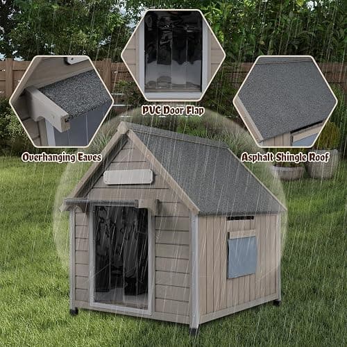 Ketive Outdoor Dog House, Weather-Resistant Wooden Shelter, Up to 60 lb | Reinforced iron frame, sloped asphalt roof, PVC door flap, adjustable vent window and raised feet for patios and backyards. thumbnail 5