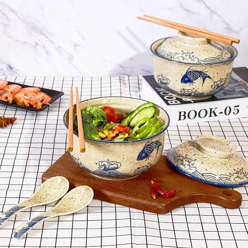 Ceraozmus Ceramic Ramen Bowl Set, 800ml, with Lid, Spoon and Chopsticks, Japanese Vintage Large Soup Bowls Instant Noodle Bowl Asian Tableware (Fish*1) thumbnail 2