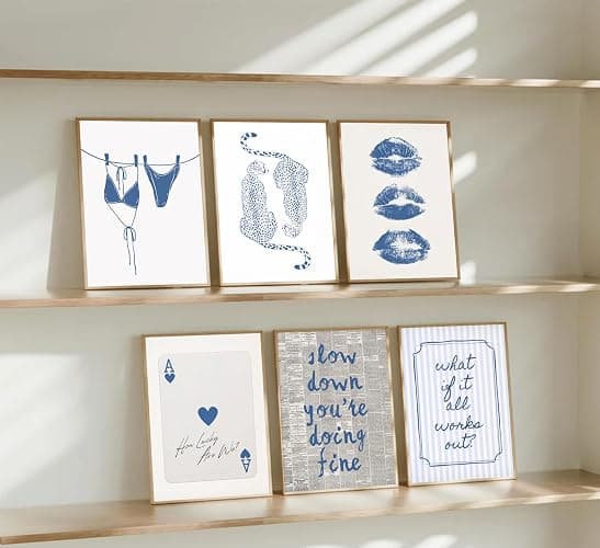 6Pcs Blue Coast Wall Art Blue and White Trend Poster Print Fashion Coast Granddaughter Painting Picture Preppy Wall Decor for Bedroom Dormitory 8x10in Unframed thumbnail 6