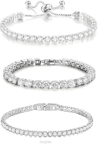 ElegGlo 14K Silver Plated Tennis Bracelet Set Cubic Zirconia Classic Adjustable Bracelet Silver Bracelets for Women Birthday Mother's Day Wedding Gift - Image 1