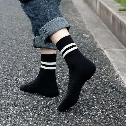 TeenFighter 7 Pair Pack Men's Retro Double Bar Cotton Socks - Vintage Design Crew Socks with Breathable Soft Fabric for Casual & Athletic Wear thumbnail 3