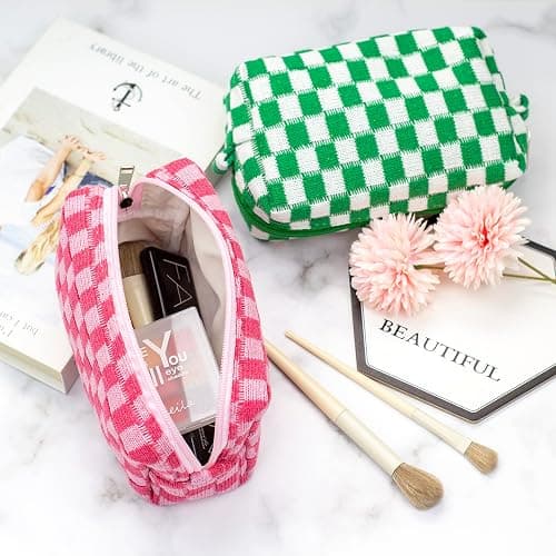 PAZIMIIK Checkered Makeup Bag for Purse Portable Zipper Make Up Pouch Small Cosmetic Case for Travel Accessories (Hotpink) thumbnail 2