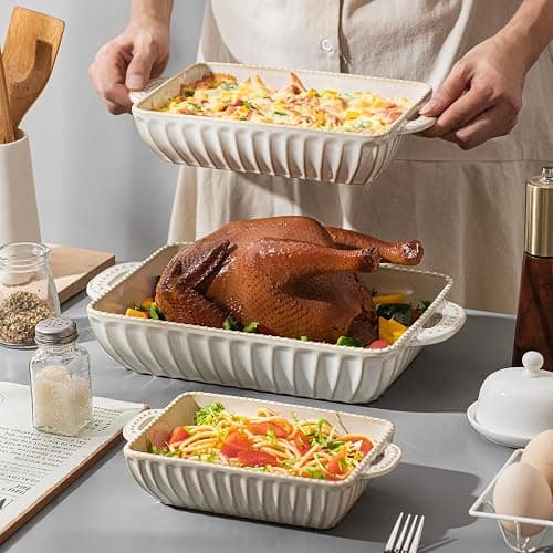 Feenmai Casserole Dish for Oven, Ceramic Baking Dishes Set, Vintage Hobnail Bakeware Sets of 3, Rectangular Baking Pan, Deep Lasagna Pan with Handle for Cake, Wedding Kitchen Gift, 13.77“/11.6"/8.85" thumbnail 6